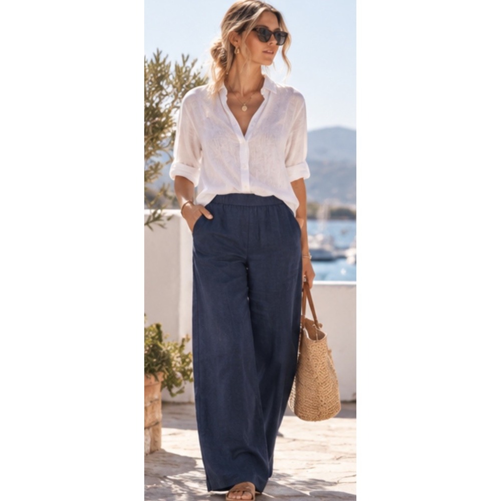 Lilly Pulitzer 100% Linen Pants Sz S Navy Blue Wide Leg Pull On Coastal Beachy